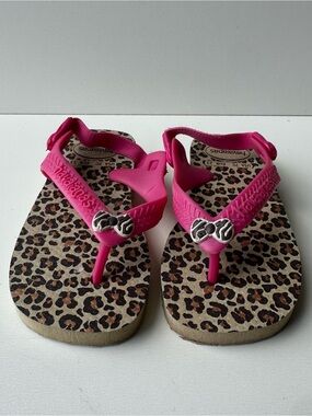 Havaianas Baby Girl Leopard Print Flip Flop Sandals Pink Bow Backstrap USA 7C